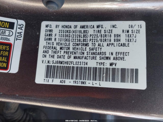 5J6RM3H92FL023734 Honda Cr-v Touring