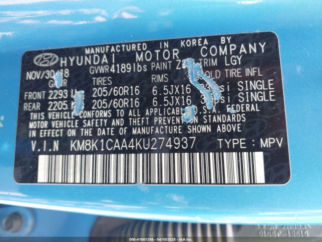 KM8K1CAA4KU274937 Hyundai Kona Se