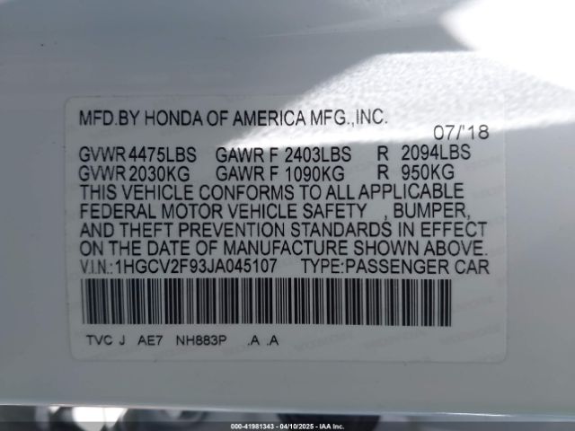 1HGCV2F93JA045107 Honda Accord Touring 2.0t