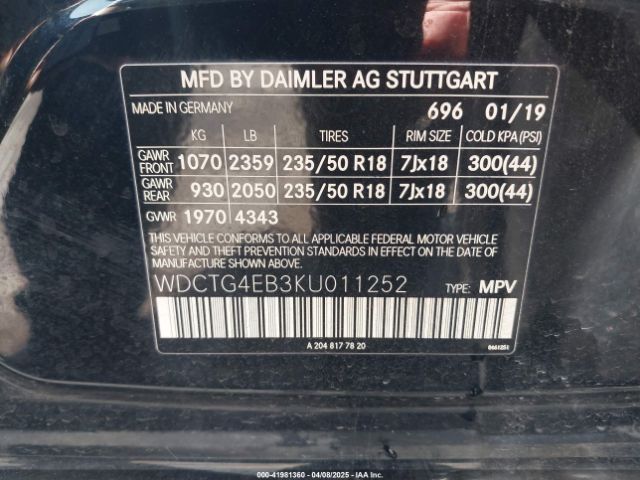 WDCTG4EB3KU011252 Mercedes-Benz m270
