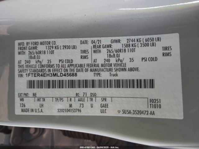 1FTER4EH3MLD45688 Ford RANGER XL