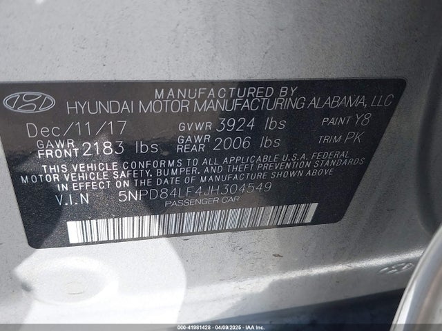 5NPD84LF4JH304549 Hyundai ELANTRA SEL
