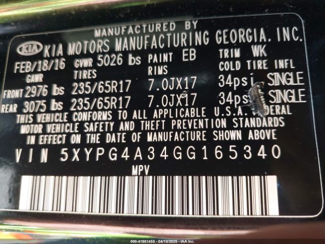 5XYPG4A34GG165340 KIA Sorento 2.4l L