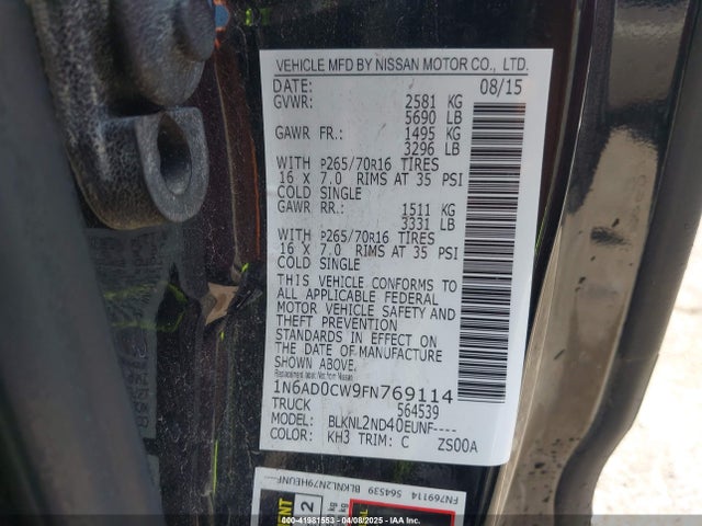 1N6AD0CW9FN769114 Nissan Frontier Sv
