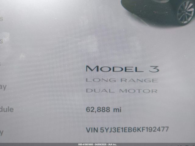 5YJ3E1EB6KF192477 Tesla Model 3 Long Range/performance