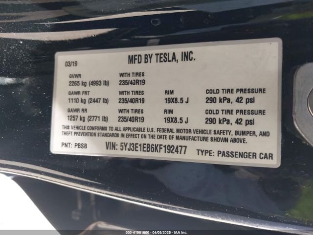 5YJ3E1EB6KF192477 Tesla Model 3 Long Range/performance