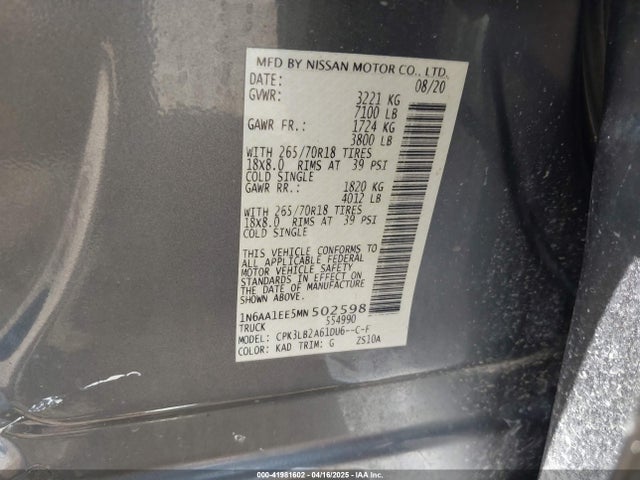 1N6AA1EE5MN502598 Nissan Titan Sv 4x2