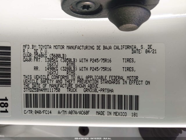 3TMDZ5BN4MM111750 Toyota Tacoma Sr5 V6
