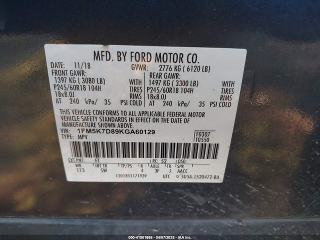 Ford EXPLORER XLT 2019 1FM5K7D89KGA60129 Image 9