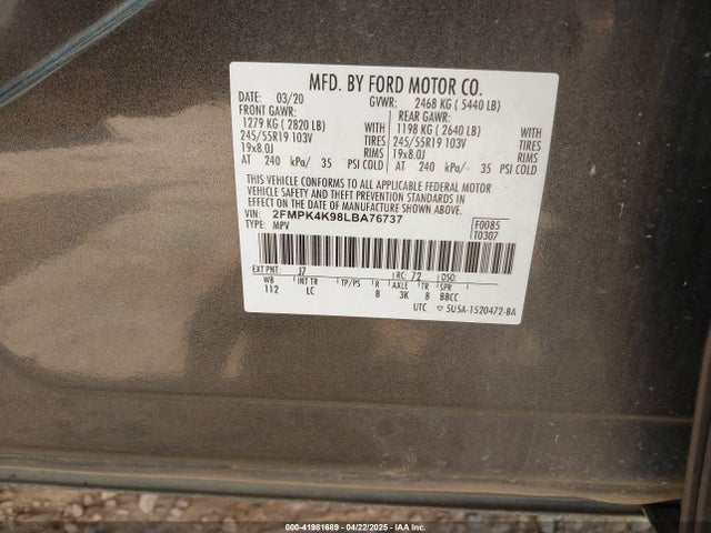 2FMPK4K98LBA76737 Ford Edge Titanium