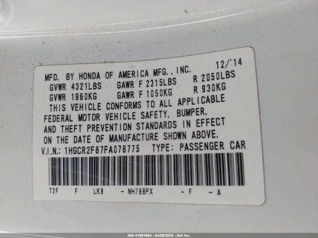 1HGCR2F87FA078775 Honda Accord Ex-l