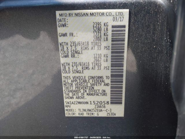 5N1AZ2MHXHN152058 Nissan MURANO SL