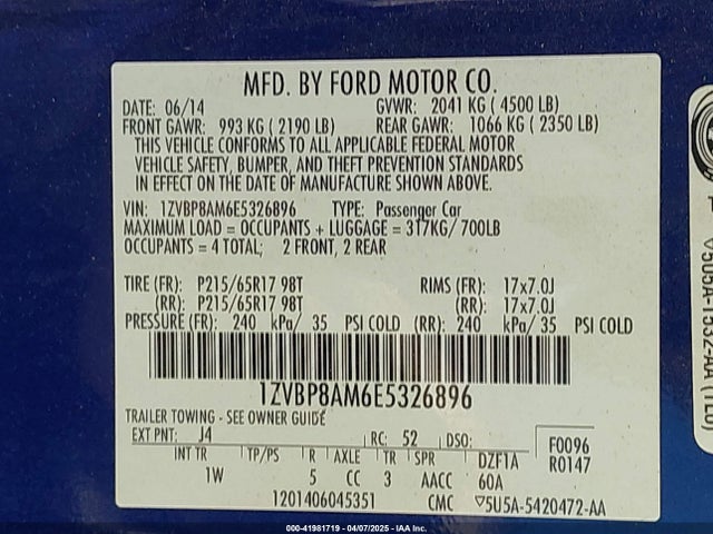 1ZVBP8AM6E5326896 Ford Mustang V6