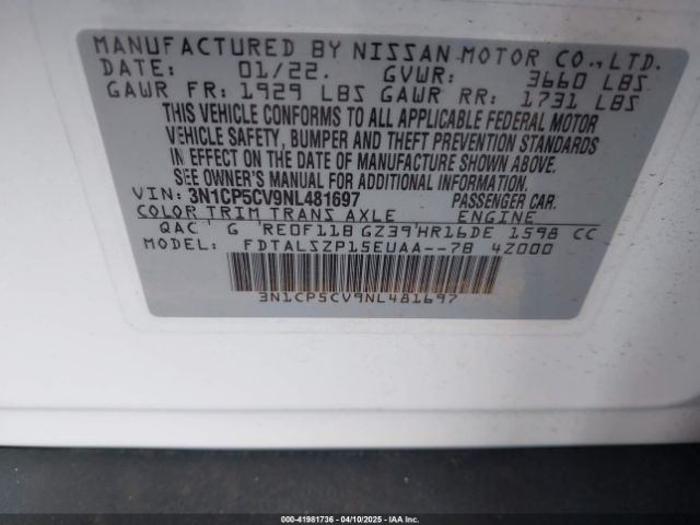 3N1CP5CV9NL481697 Nissan Kicks Sv Xtronic Cvt