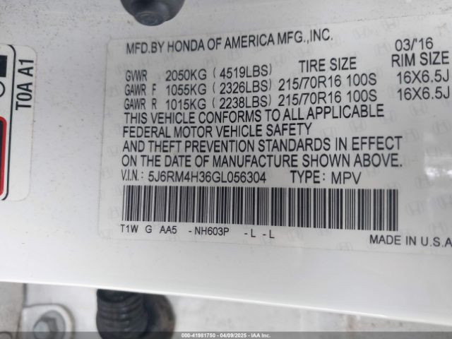 5J6RM4H36GL056304 Honda CR-V LX