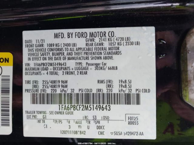 1FA6P8CF2M5149643 Ford Mustang Gt Premium Fastback
