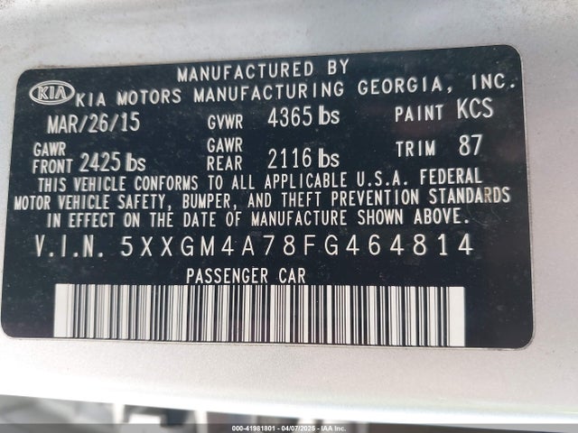 5XXGM4A78FG464814 KIA Optima Lx