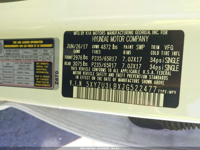 5XYZU3LBXJG522477 Hyundai Santa Fe Sport 2.4l