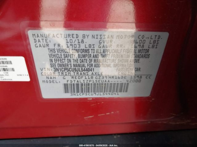 3N1CP5CU9JL544041 Nissan KICKS SV