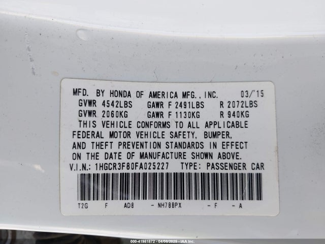 1HGCR3F80FA025227 Honda Accord Ex-l V-6