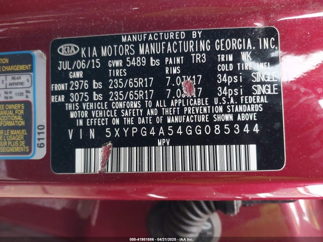 5XYPG4A54GG085344 KIA Sorento 3.3l Lx