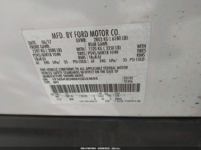 1FM5K8D86HGD33655 Ford EXPLORER XLT
