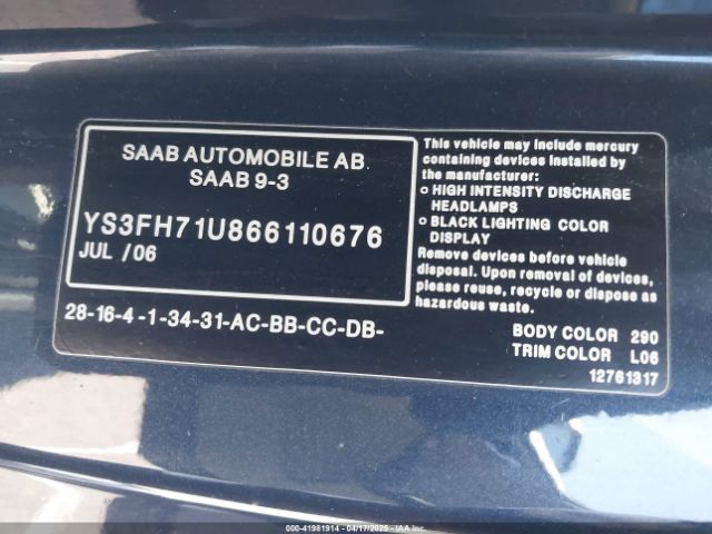 2006 SAAB 9-3 YS3FH71U866110676 Photo 8