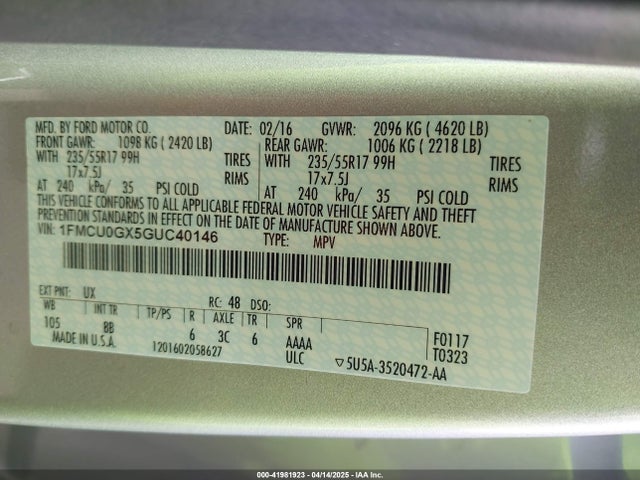 1FMCU0GX5GUC40146 Ford ESCAPE SE