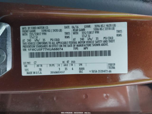 1FMCU0F77HUA68074 Ford ESCAPE S