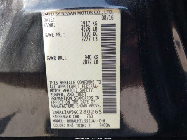 1N4AL3AP9GC280265 Nissan Altima 2.5 Sr