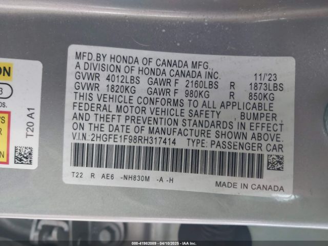 2HGFE1F98RH317414 Honda Civic Touring