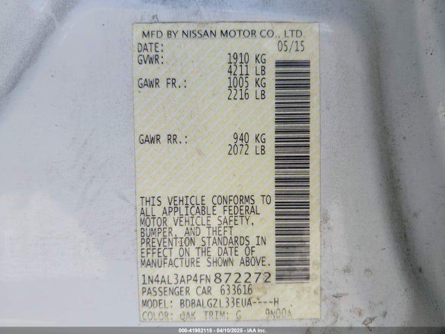 1N4AL3AP4FN872272 Nissan Altima 2.5 S
