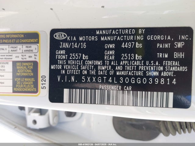 5XXGT4L30GG039814 KIA Optima Lx