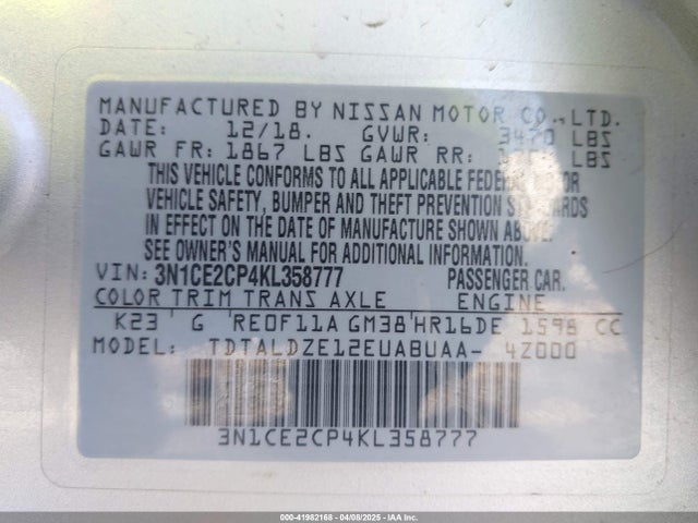3N1CE2CP4KL358777 Nissan Versa Note Sv