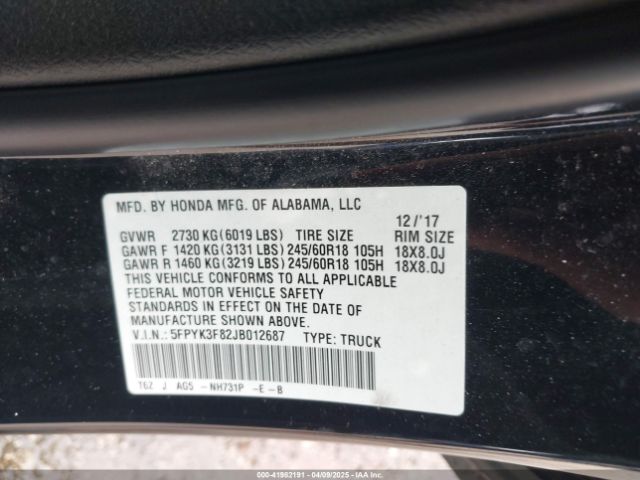 5FPYK3F82JB012687 Honda Ridgeline Black Edition