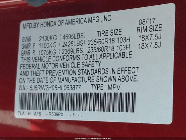 5J6RW2H95HL063877 Honda Cr-v Touring
