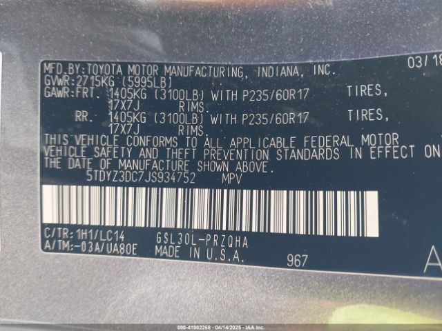 5TDYZ3DC7JS934752 Toyota Sienna Xle 8 Passenger