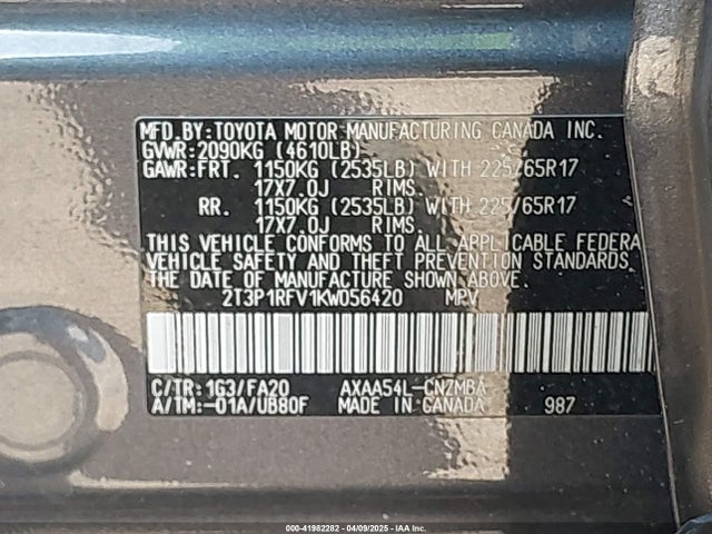 2T3P1RFV1KW056420 Toyota Rav4 Xle