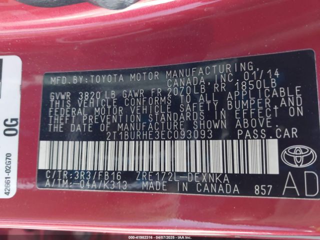 2T1BURHE3EC093093 Toyota COROLLA LE