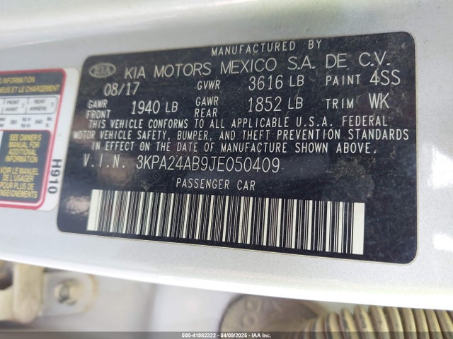 3KPA24AB9JE050409 KIA RIO S