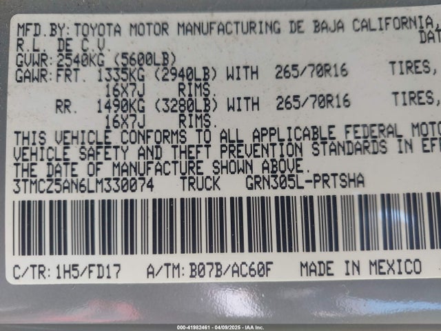 3TMCZ5AN6LM330074 Toyota Tacoma Trd Off-road
