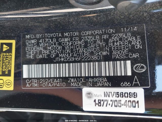 JTHKD5BH6F2223801 Lexus CT 200H