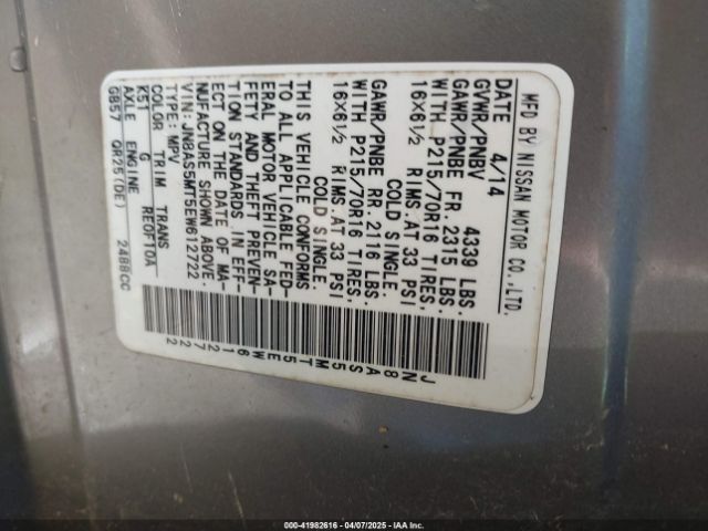 JN8AS5MT5EW612722 Nissan Rogue Select S
