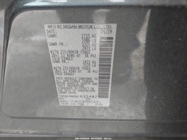 5N1DR2MM6KC632482 Nissan Pathfinder Sv