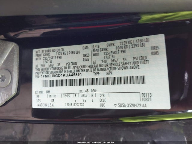 1FMCU9GD1KUA45891 Ford ESCAPE SE