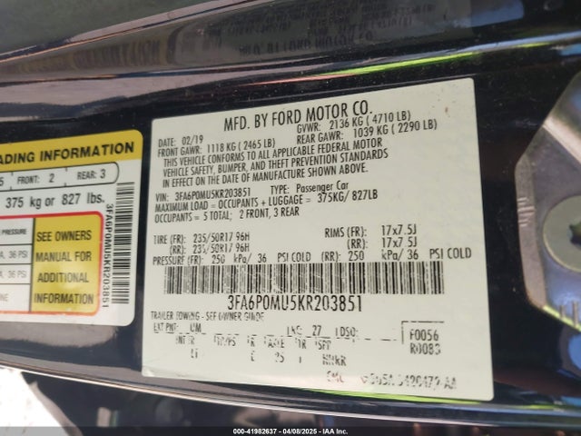 Ford Fusion Hybrid Sel 2019 3FA6P0MU5KR203851 Image 9