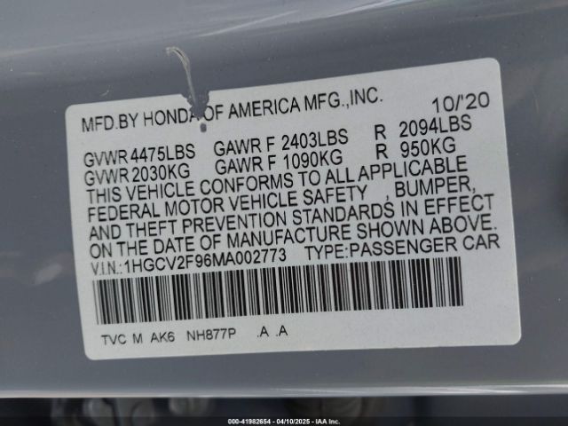 1HGCV2F96MA002773 Honda Accord Touring