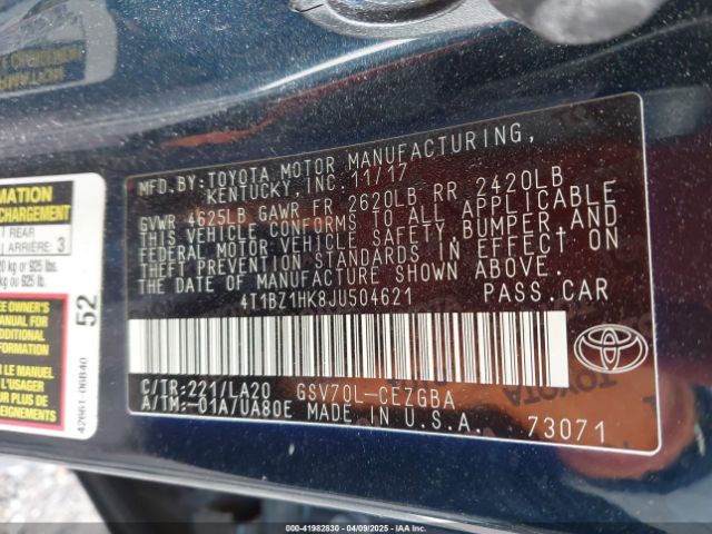4T1BZ1HK8JU504621 Toyota Camry Xle V6