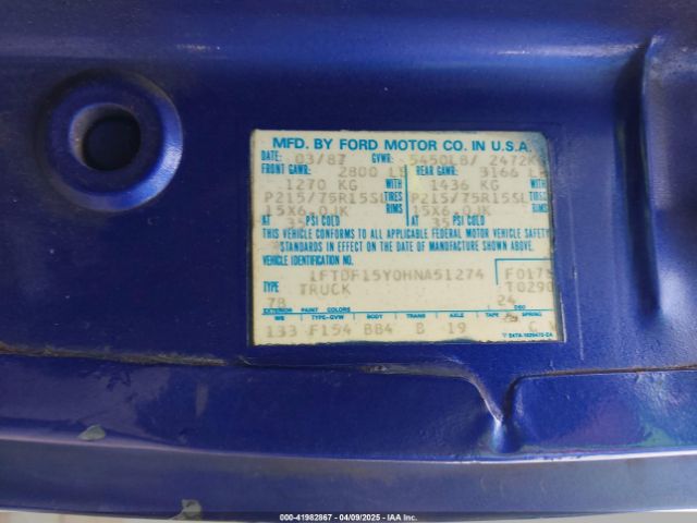 1987 FORD F150 1FTDF15Y0HNA51274 Photo 8