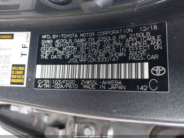 JTDL9RFU2K3000147 Toyota Prius Le